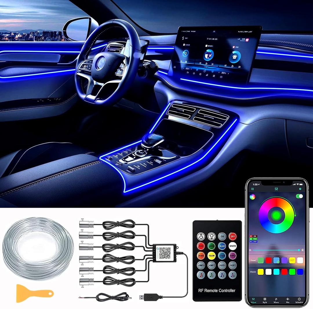 Interior Car LED Strip Lights, RGB 6 in 1 Ambient Lighting Kit with 315 inches Integrated Fiber Optic, 16 Million Colors Car Interior Lights with Wireless APP& Remote Control, Sync to Music