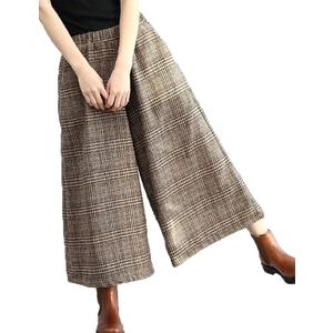 Womens Spring Fall Fashion Retro Loose Plaid Wool Blend Wide Leg Cropped Pants Culottes 3XL