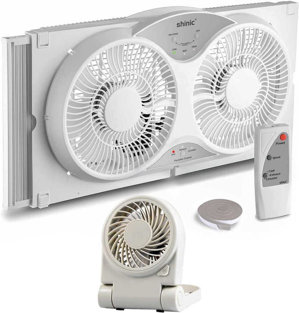 shinic 9" Twin Window Fan with Remote Control & 4" USB Desk Fan Bundle with 3 Speeds, Reversible Airflow, Expandable Panels, 2 Speeds, Portable Design, Dual Power - White & Grey