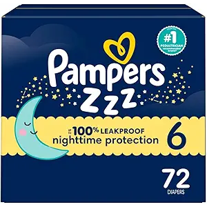 Pampers ZZZ Overnight Diapers, Size 6 (35+ lbs), 72 Count, Nighttime Protection Disposable Baby Diaper, Night Time Leak and Skin Protection