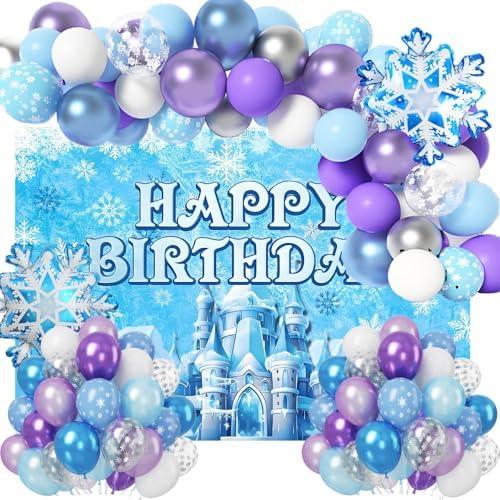 Frozen Birthday Party Decorations Frozen Party Supplies 73 Pcs Include Frozen Balloon Garland Arch Kit, Snowflake Foil Balloon and backdrop for Birthday party