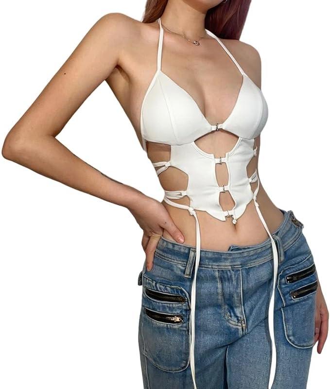 Women's Sexy Cut Out Deep V Neck Halter Crop Top Sleeveless Criss Cross Tank Top Tie Up Backless Cami Crop Top White (White, M)