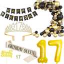 17th Birthday Decoration for Girls Black and Gold Birthday Party Balloon Decoration Set Happy Birthday Banner Crown Birthday Strap Confetti Balloons Birthday Party(17th)