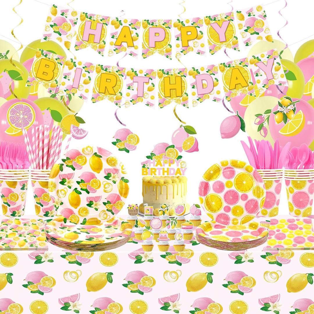 Lemon Birthday Party Decorations for Girl - Pink Lemon Party Supplies including Banner, Plate, Cake Topper, Cup, Napkin, Balloon, Tablecloth - Serves 20
