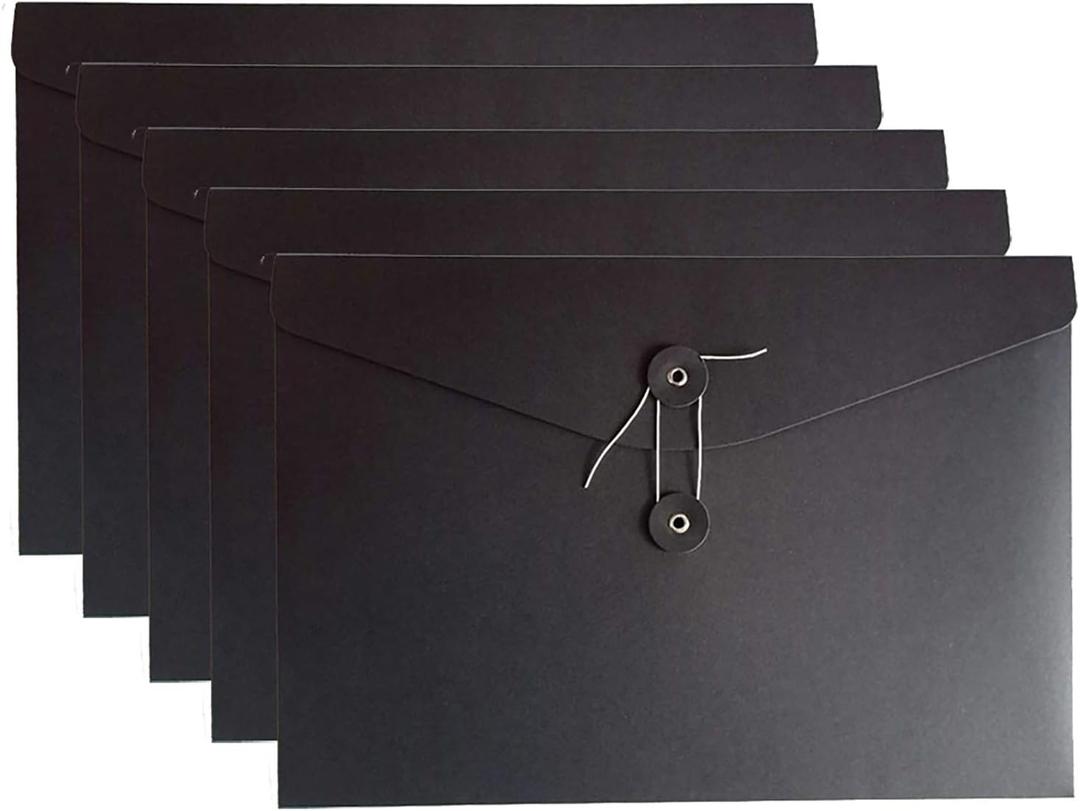 VANRA Kraft String Envelope File Folder Project Pockets File Jacket Document Organizer Flat-No Expansion A4 Letter Size (Black, Pack of 5)