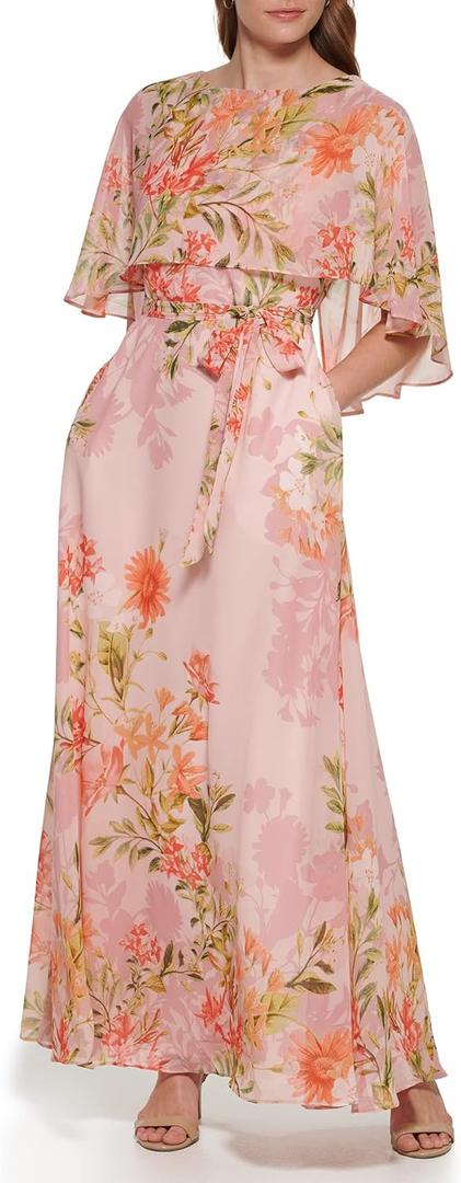 Eliza J Women's Maxi Style Caplet Chiffon Elbow Sleeve Jewel Neck Dress (10)
