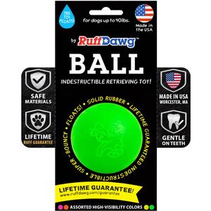 Ruff Dawg Indestructible Dog Ball Med 2.5  Heavy-Duty Rubber Fetch Toy for Aggressive Chewers  Extreme Bounce, Floats, BPA & Latex Free  Made in USA, 1 Pack - Color Varies