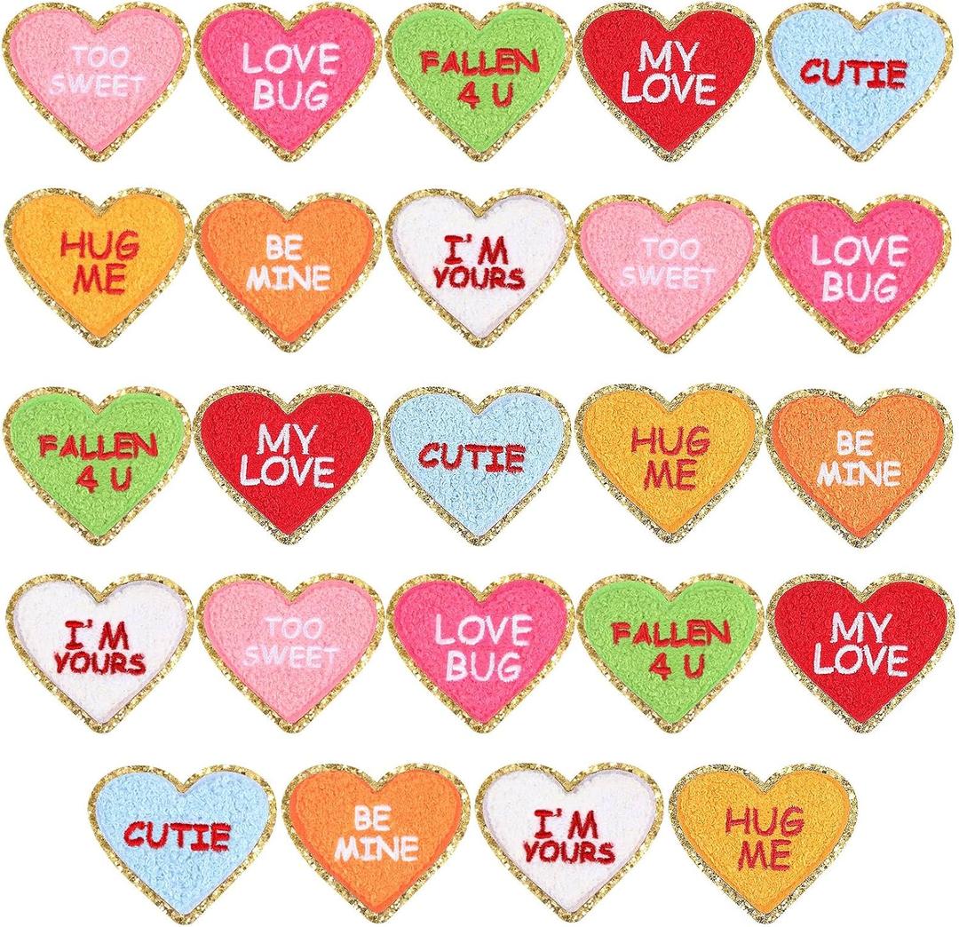 Juexica 24 Pcs Heart Shaped Iron on Patches Glitter Chenille Love Applique Embroidered Appliques Valentine's Day Transfers Sew on Fabric Patch for Clothes Jackets Backpack Hat Decoration (Candy)