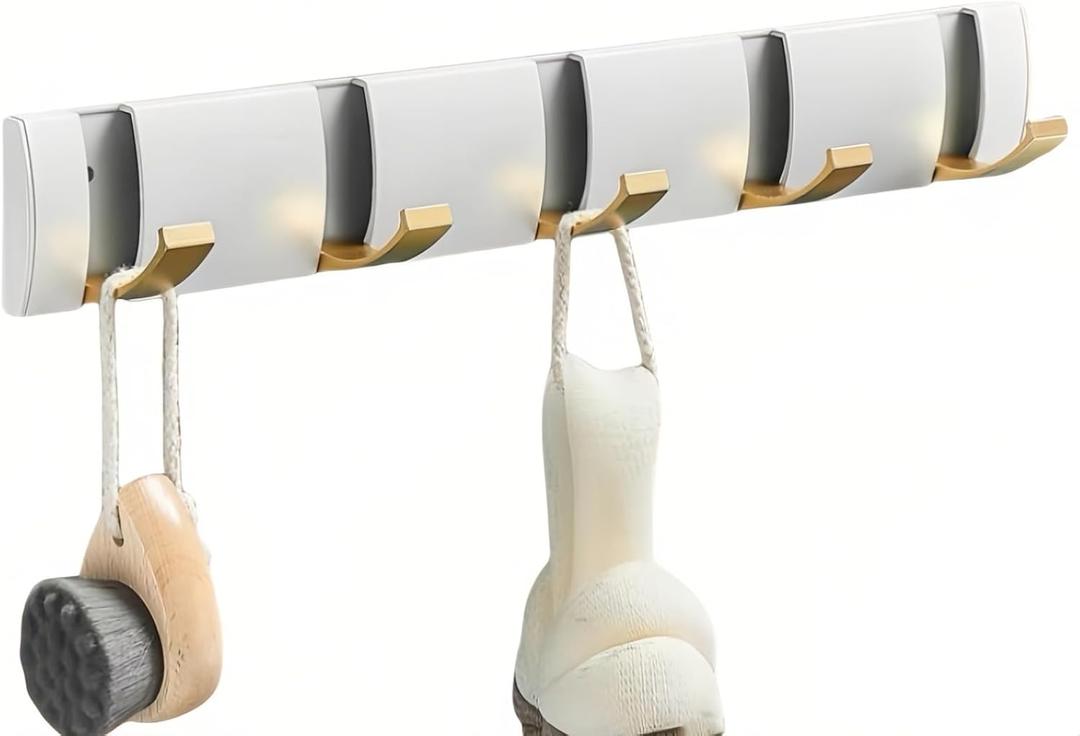 Foldable Stylish Modern Hook Rack with 5 Hooks, Coat Hooks Wall Mount, Metal Coat Hook Rail for Coat Hat Towel Purse Robes Mudroom Bathroom Entryway (White and Gold)