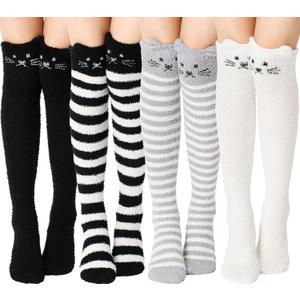 Geyoga 4 Pairs Knee High Fuzzy Socks for Girls Soft Warm Plush Soft Long Cozy Winter Socks for Christmas Winter Gifts