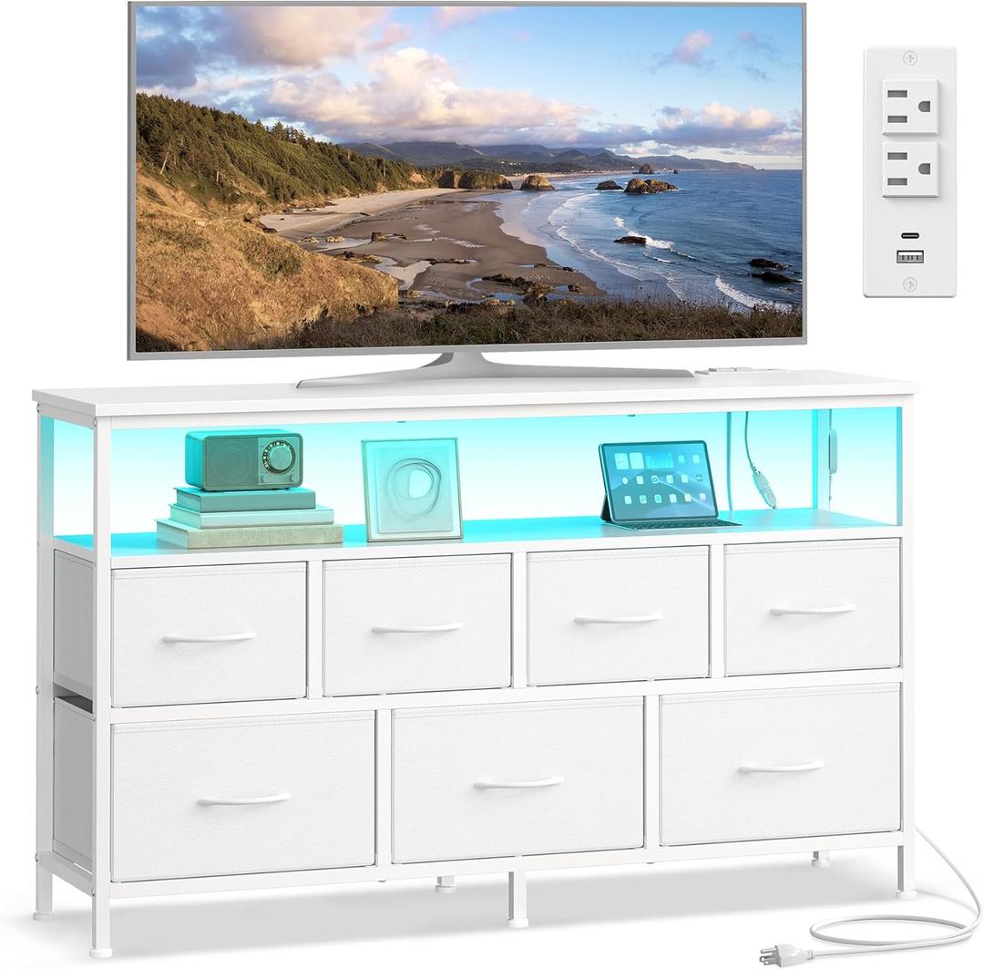 SONGMICS BELLAH Collection - Dresser for Bedroom with App-Controlled LED Lights and Charging Station, Chest of Drawers, TV Stand, 7 Drawers, Shelf, Modern, Cloud White ULGS733WH05S