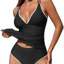 ZAFUL Womens Tankini Swimsuits V Neck Push Up Swim Top Color Block Tummy Control High Waisted Bathing Suits Swim Bottom, 2XL