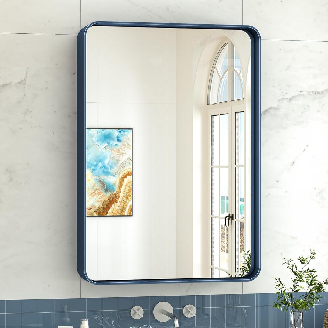 TokeShimi 24" x 32" Blue Bathroom Mirror for Wall Metal Rounded Corner Rectangle Mirror Metal Frame Deep Set Design Hangs Horizontal Or Vertical (32"L x 24"W, Navy Blue)