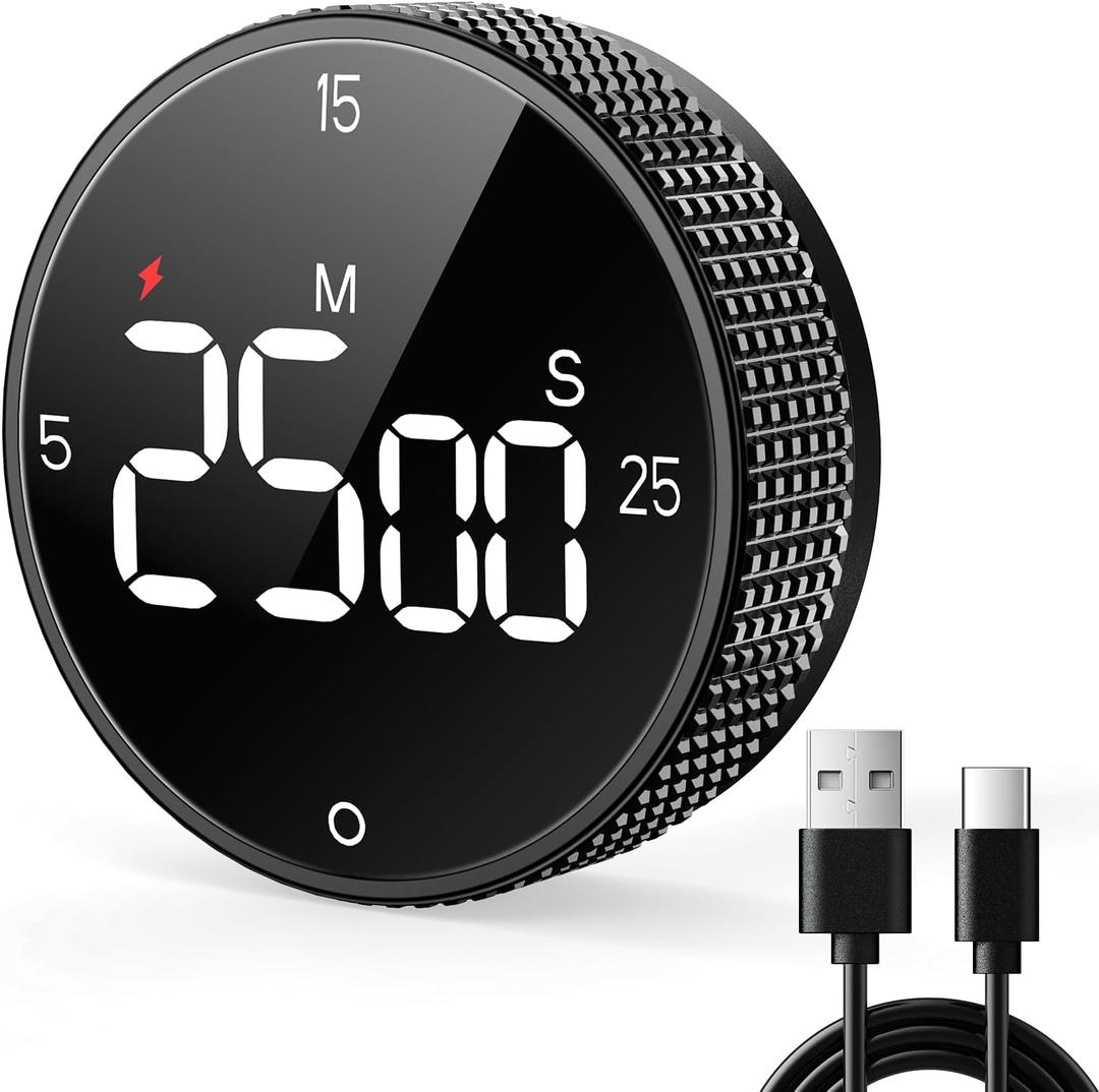 USB Rechargeable Magnetic Kitchen Timer for Cooking, Building 800mAh Battery Large Display Digital Countdown Count up Timer, 3 Preset 5/15/25 Mins Loud Alarm for Baking Grilling Studying