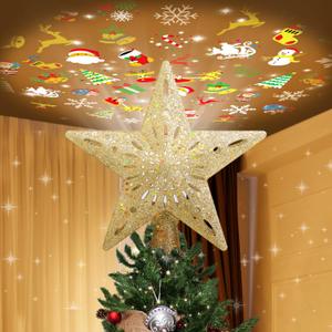 Christmas Tree Topper Lighted with 6 Patterns Projector, Christmas Tree Star Topper Built-in 3D Glitter LED Rotating Lights, Gold Tree Topper Christmas Decoration for Xmas Party Holiday