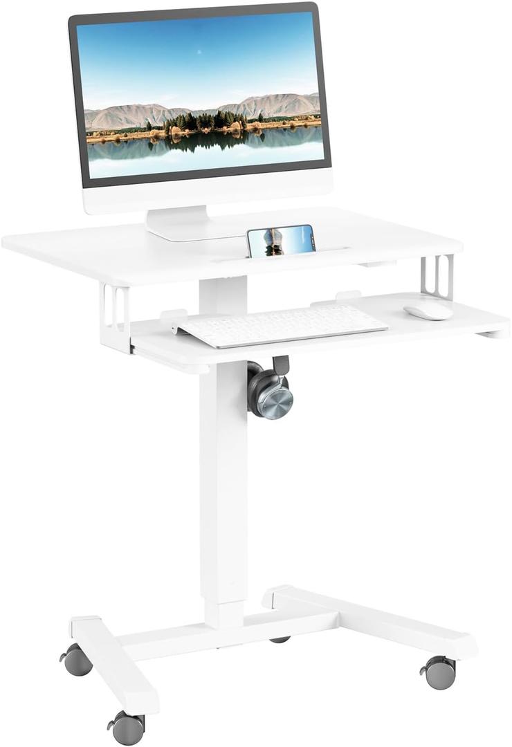 Mobile Standing Desk with Keyboard Tray Rolling Desk 25.6 x 17.7 Inch, Portable Laptop Desk with Wheels, Small Adjustable Height Stand Up Desk, Mobile Computer Workstation Home Office, White (Double-deck)
