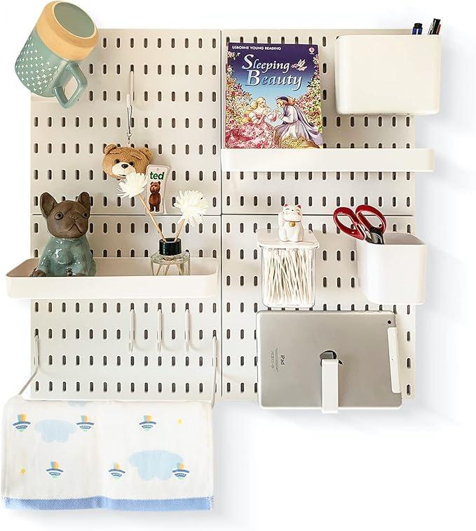 JoyBHole Pegboard Combination Kit with Shelf and Hooks No Punching for Garage Kitchen Living Room Bathroom Office,Pegboard Wall Organizer (White, 33" x 22")