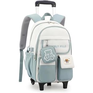 ZHANAO Color-blocking Rolling Backpack for Girls,Kawaii School Bag with Wheels,Trolley Bookbags for Primary Students (Green-2 Wheels)