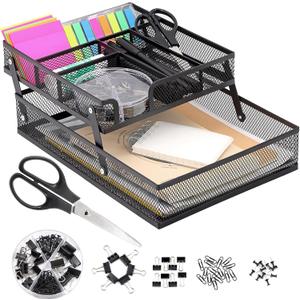 Foldable Desk Drawer Organizer Double Mesh Tray, Expandable Black Desktop Organizers and Accessories with 6 Compartments & Scissors & Clips for Office School Makeup Supplies Storage, Back to School