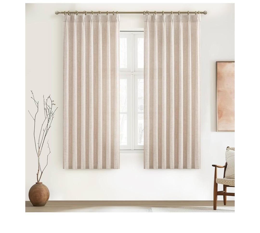 Natural Linen Small Kitchen Curtains 54 Inches Long 2 Panels Sets, Light Filtering Memory Trained Pinch Pleated Cream Privacy Boho Semi Sheer Bay Windows Drapes Elegant Decor with Hook Ring 40"Wx54"L