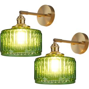 Qufute 2-Pack Glass Wall Sconce Light Green Striped Glass Mid Century Modern Wall Light Fixtures Gold Vintage Bathroom Vanity Lamp Swing arm Wall Lighting for Over Mirror Bedroom Hallway