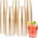 JOLLY CHEF 100 Pack 10 oz Gold Plastic Cups, Disposable Gold Glitter Cups, Clear Plastic Tumblers Perfect for Weddings, Christmas & Parties