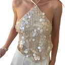 MakeMeChic Women's Sequin Halter Tops Sparkly Backless Sexy Cute Summer Camisole Top (Apricot), Size: X-Small