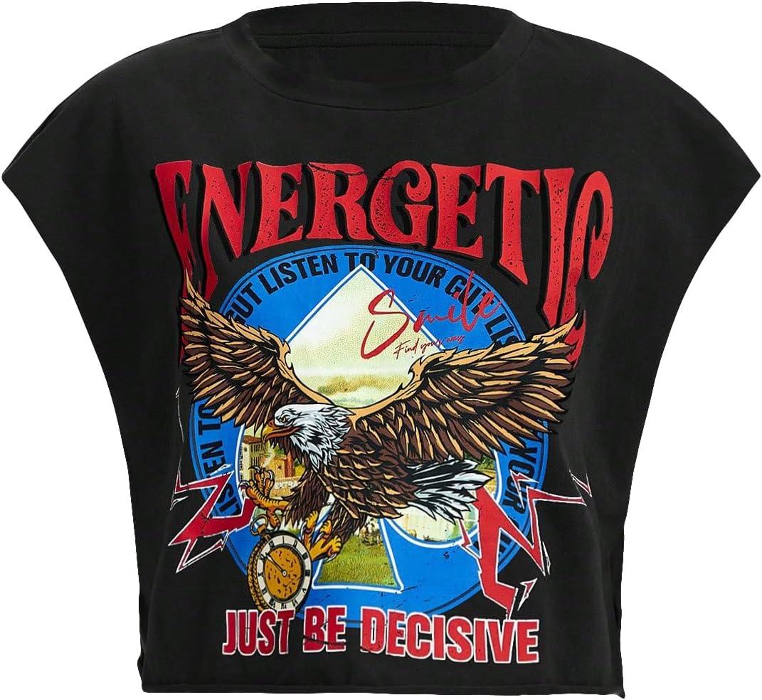 GORGLITTER Women's Graphic Print Cap Sleeve Crop Top Casual Round Neck Short Sleeve T-Shirt (Medium, Black)