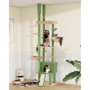 Cat Tree Floor to Ceiling with 18.9in Big Perch Bed and Condo for Large Adult Cats, 86in-108in Heavy Duty Cat Tower for Indoor Cat Pet, Cactus Green