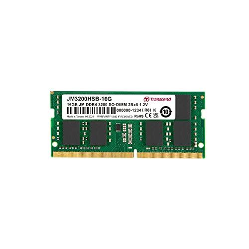 Transcend 16GB SO-DIMM DDR4 3200MHz Laptop RAM, Intel AMD Compatible, HP Lenovo Dell ASUS Acer Computer Memory, 2666/2933MHz Compatible, 2Rx8 1.2V, PC4-25600 CL22, Unbuffered 260-Pin – JM3200HSB-16G