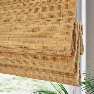 Yin Yang Cordless Blackout Bamboo Roman Shades, Outdoor Natural Woven Wood Shades with 6 Inches High Valance, Custom Room Dakening Bamboo Blinds for Home, Windows, Doors, Camel 118"L x 82"W