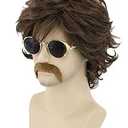 LeMarnia 70s Men's Wig Set Rockstar Hippie Wig for Men Retro Shaggy Brown Wig with Fake Mustache 70s Disco Costume