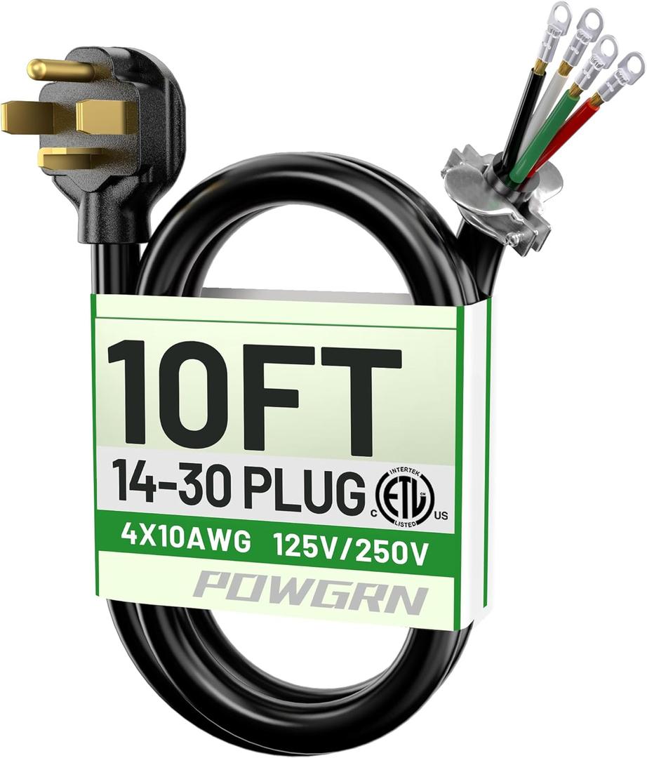 POWGRN 30 Amp 4 Prong Dryer Cord 10 FT Black, 10/4 Gauge Appliance Dryer Power Cord NEMA 14-30P to 4-Wire, Pure Copper Wire, ETL Listed