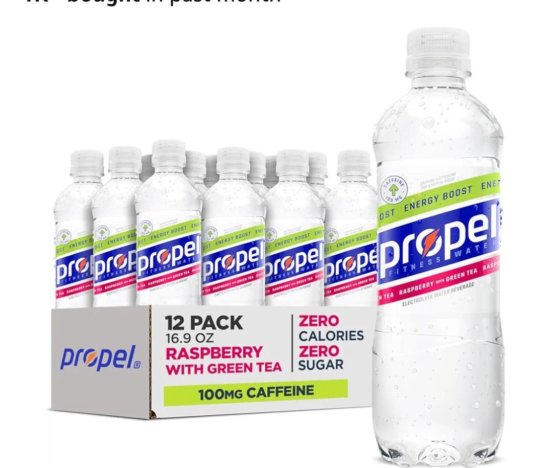 Propel Energy Boost Zero Calorie Flavored Water With Electrolytes and Caffeine, Raspberry Green Tea And Blueberry Acai, 16.9 fl oz Bottles (24PCS, Pack Of 2), BBD: 02.27.2026