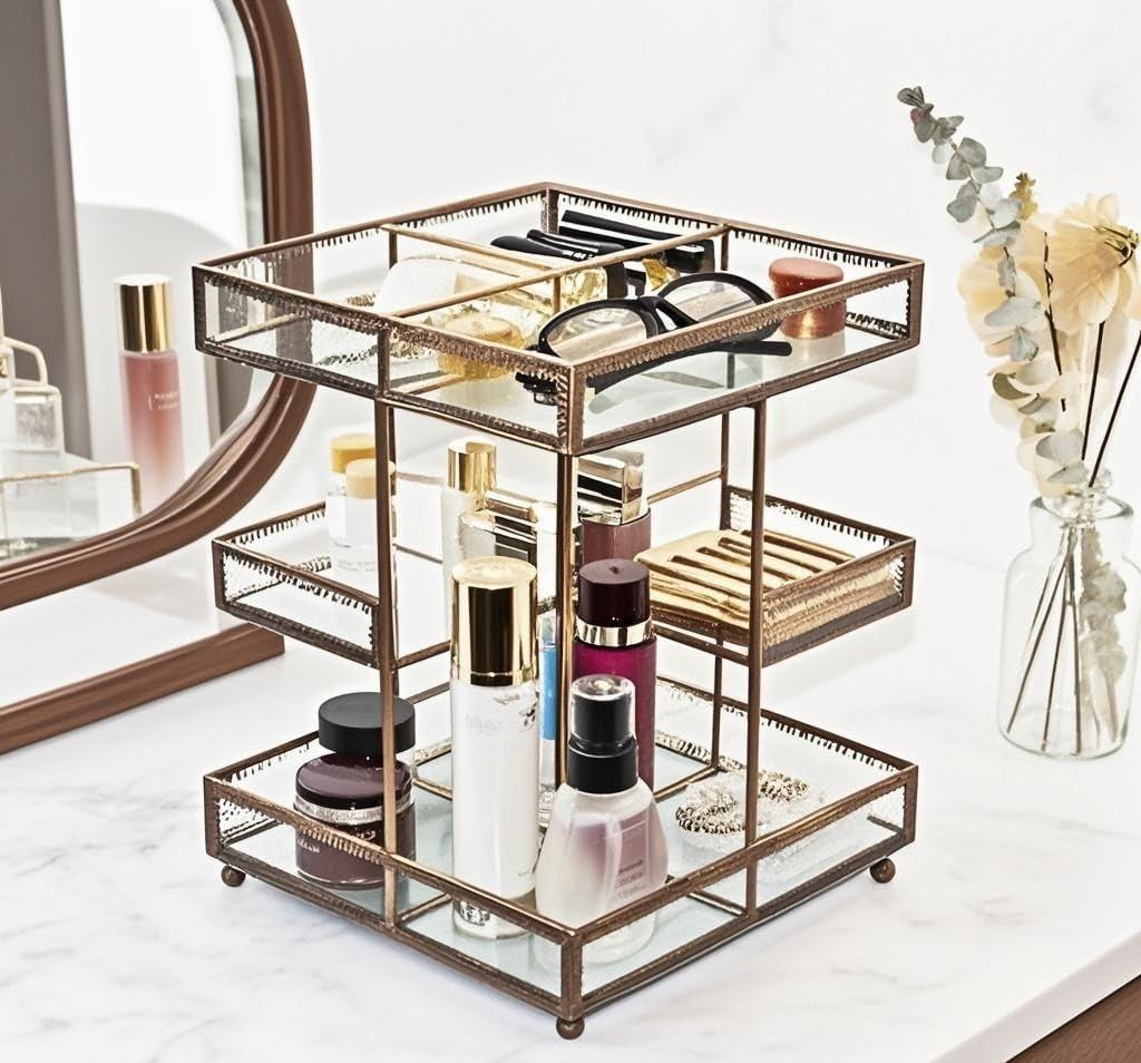 Vintage Glow Antique 360 Degree Rotating Makeup Organizer,4-Tier Spinning Perfume Tray,Countertop Cosmetic Storage ,Glass Beauty Display,Retro Large Capacity Vanity Organizer for Brushes Skincare (Brass)