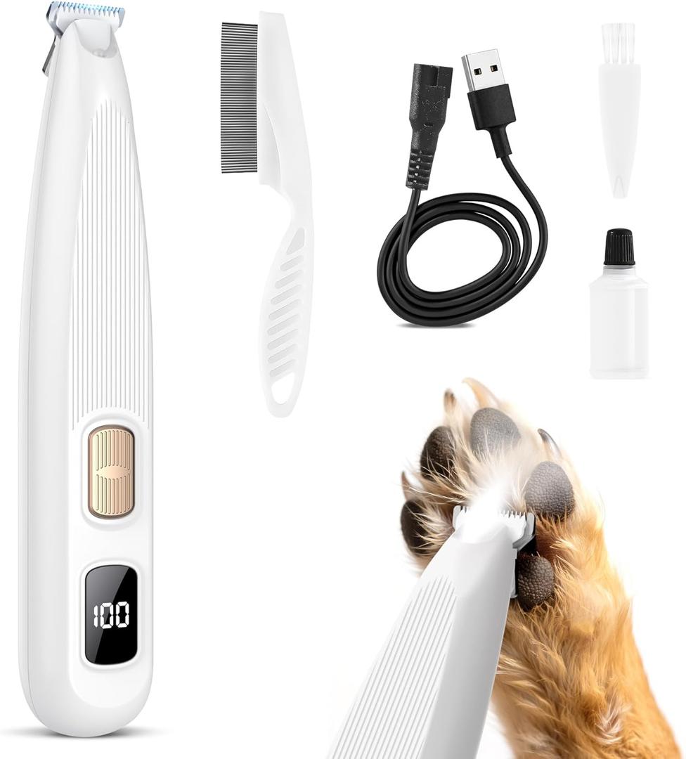 Dog Paw Trimmer with LED Light, 35dB Low Noise Precision Pet Paw Trimmer for Dogs Cats Grooming Clippers, 2 Speed Safety Electric Paw Hair Trimmer for Paws, Ears, Rump, Face, Eyes (White)