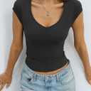 Eachyes Womens V Neck Cap Sleeve Shirts Sexy Fitted Crop Tops Cute Basic Tees Y2k Outfits Going Out Summer Clothes 2026 (Black, L)