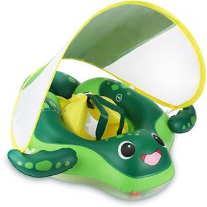 Sloosh Baby Swimming Floats with Removable Sun Canopy, Inflatable Baby Pool Float, Sea Turtle Design Infant Swim Float Ring Swimming Pool Accessories for Age 6-36 Months (Large)