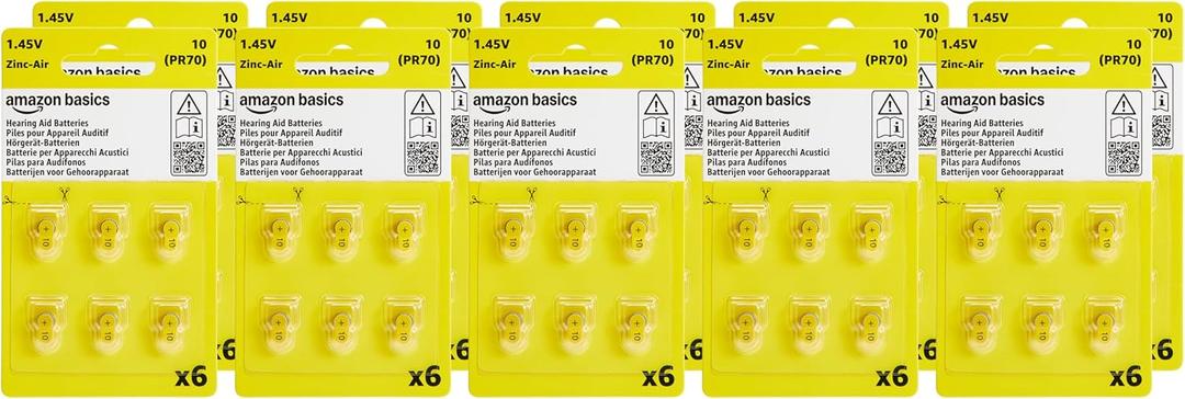 Amazon Basics 60-Pack Hearing Aid Size 10 Zinc-Air Batteries, 1.45 Volt, Yellow Tab, 4-Year Shelf Life, Child-Safe Package