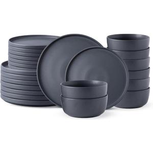 AmorArc Stoneware Dinnerware Sets for 8,Reactive Ceramic Plates and Bowls Set,Highly Chip and Crack Resistant | Dishwasher & Microwave Safe | Round Dishes Set Service for 8 (24pc) (Stoneware Charcoal Gray)