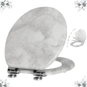 Angel Shield Marble Toilet Seat Durable Molded Wood with Quiet Close,Easy CleanQuick-Release Hinges  Round-16.5“, Gray Marble-Round