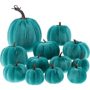 Halloween 12Pcs Artificial Velvet Pumpkins Sets Assorted Size Handmade Fake Foam Fall Harvest Decorative for Kitchen Party Table - Blue