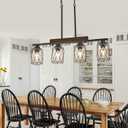 4-Light Dining Room Light Fixture/Chandelier Over Table, Island Lighting Hanging for Farmhouse Linear Chandeliers Matte Black Rustic Wood Ceiling Pendant Light Fixtures, with Clear Glass Shade