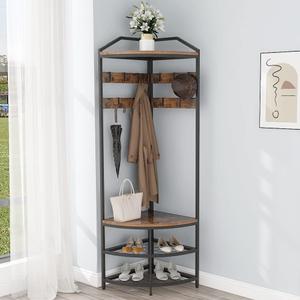 GiftGo Corner Hall Tree with Shoe Bench Entryway Coat Rack with 10 Metal Movable Hooks Floor Standing Clothes Rack Shoes Shelf Organizer for Home Office Bedroom (Rustic Brown), 71.3 Inches X 19.7 Inches X 19.7 Inches