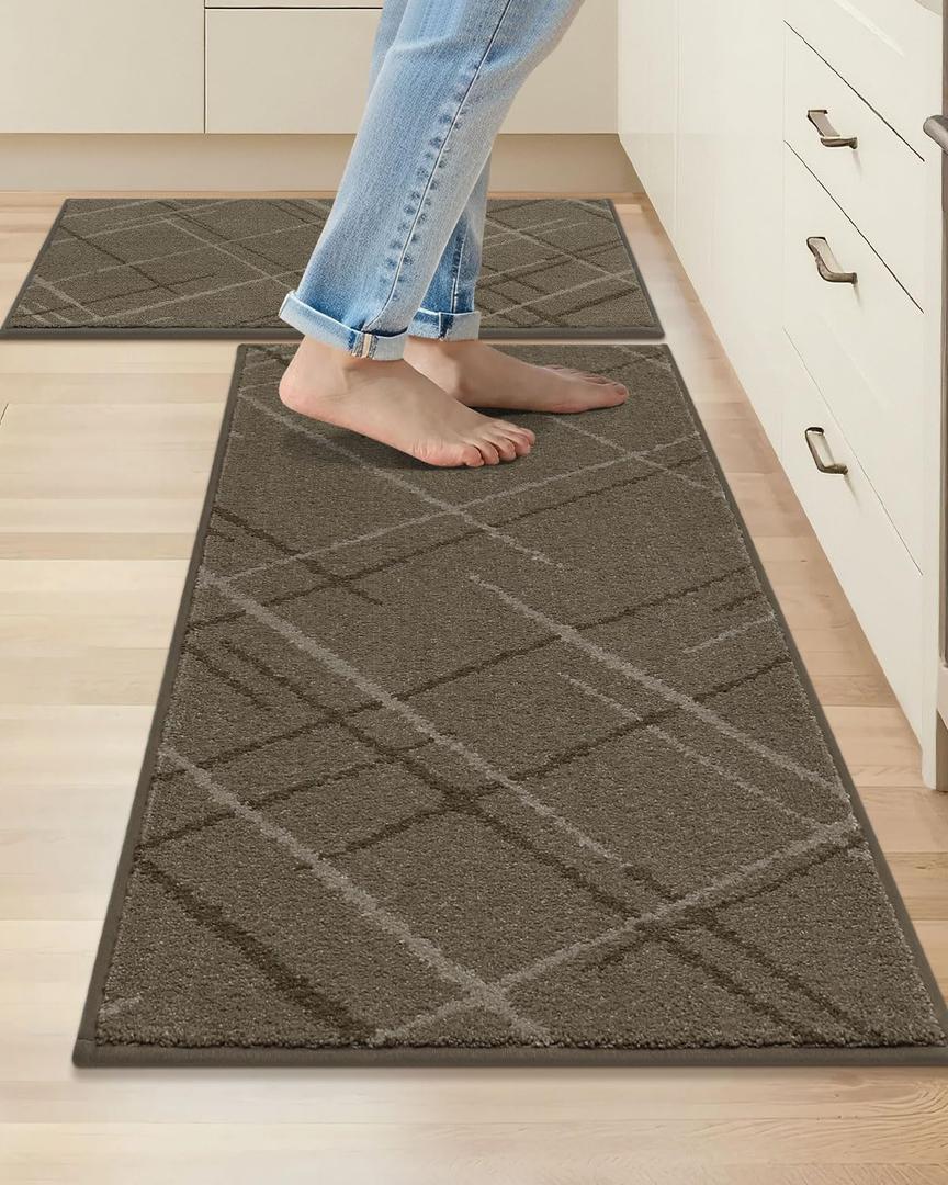 2 x COSY HOMEER Kitchen Mats, 2 PCS Kitchen Rug Non Slip Washable, Absorbent Runner Rugs for Kitchen Floor, Polyester Kitchen Sink Rug 20"x32" + 20"x48"(Brown)