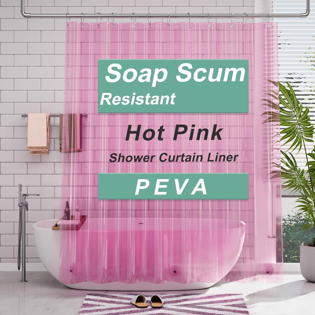 AmazerBath Shower Curtain Liner, 72x72 Transparent Hot Pink Shower Liner, Lightweight Plastic Shower Curtain Liners, Cute Waterproof Shower Liner for Bathroom with 3 Magnets & 12 Grommet Holes (72"W x 72"L (Pack of 1), Clear Hot Pink)