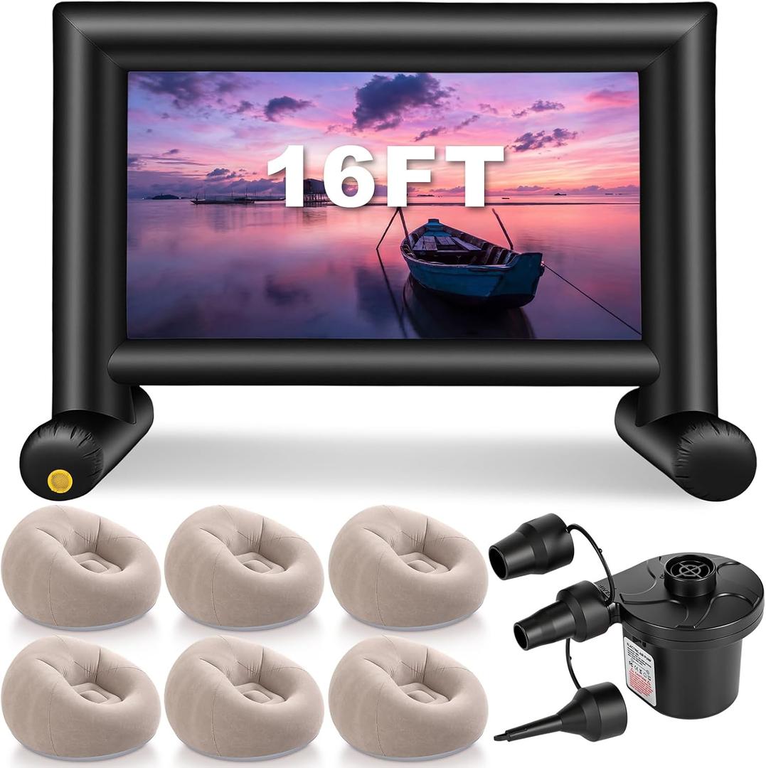 BreezeHug 6 Pcs Outdoor Movie Night Inflatable Bean Bag Chairs with 16ft Inflatable Movie Screen Projector Screen Blow up Chairs with Electric Air Pump for Family Backyard Camping Cinema Nights