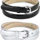 Black Patent Leather Thin Belts for Women - Silver Waist Belts for Womens Dress, Skinny Women Belt for Jeans 2 Pack (XL: Fit Waist Size 39"-43")