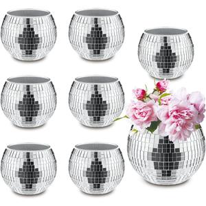 8 PCS Silver Disco Ball Vase,Glass Disco Ball Planter Candle Holder Vase Bulk Mirror Disco Ball Flower Vase for Wedding Centerpieces, Birthday, Office, Bedroom (3x4in)