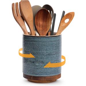 DOWAN 360 Rotating Extra Large Cooking Utensil Holder, 7.6" Kitchen Utensil Holder for Countertop, Utensil Crock for Farmhouse Kitchen Decor, Ceramic Stable Utensil Caddy, Blue